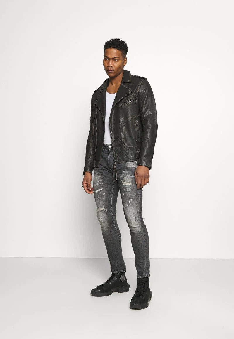 Men's Black Leather Distressed Biker Jacket Full Front View- Bold & Stylish