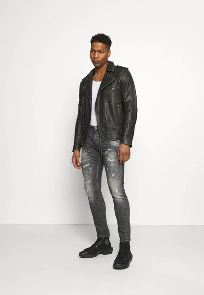 Men's Black Leather Distressed Biker Jacket Full Front View- Bold & Stylish