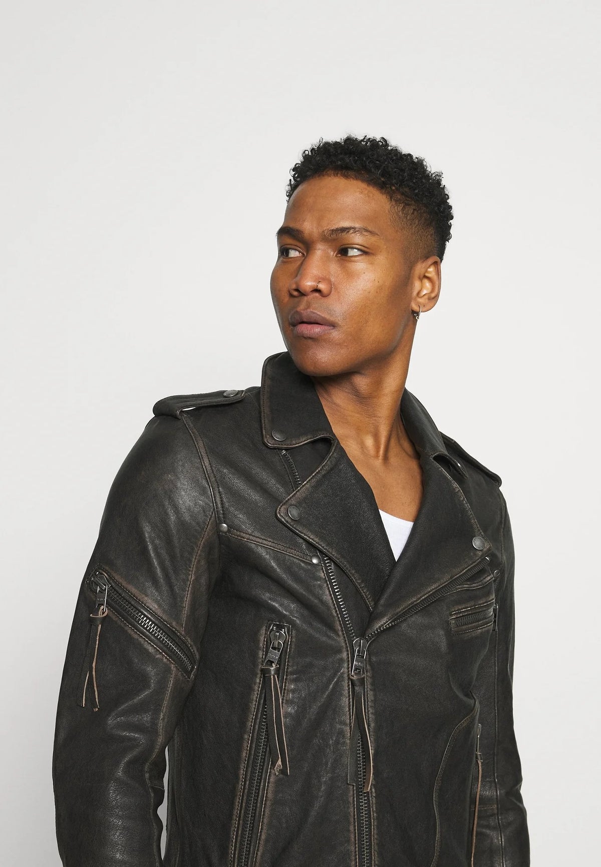 Men's Black Leather Distressed Biker Jacket Side View - Bold & Stylish