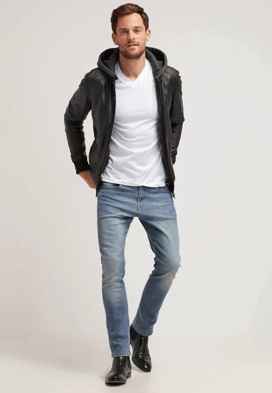 Men's Black Leather Hooded Bomber Jacket Full Front View- Style and Comfort 