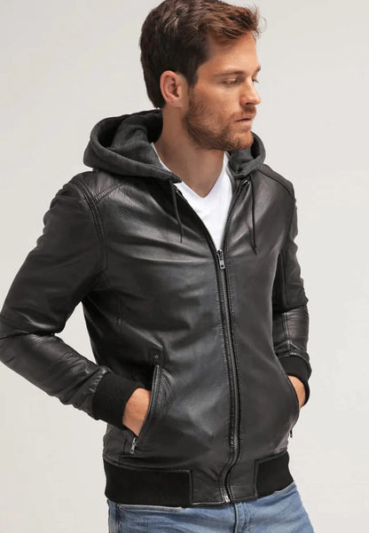 Men's Black Leather Hooded Bomber Jacket Side View - Style and Comfort