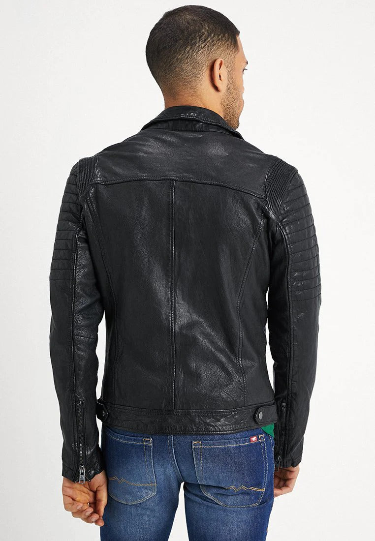 Men's Black Leather Moto Distressed Biker Jacket Back View- Rugged Elegance