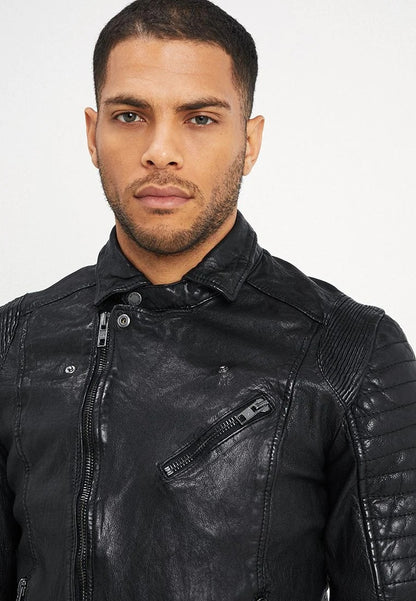 Men's Black Leather Moto Distressed Biker Jacket Front Closeup - Rugged Elegance