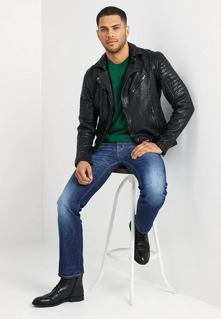Men's Black Leather Moto Distressed Biker Jacket Front View - Rugged Elegance