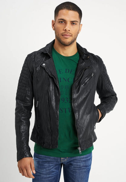 Men's Black Leather Moto Distressed Biker Jacket Full Front View - Rugged Elegance