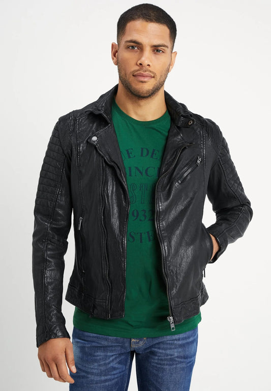 Men's Black Leather Moto Distressed Biker Jacket Full Front View - Rugged Elegance