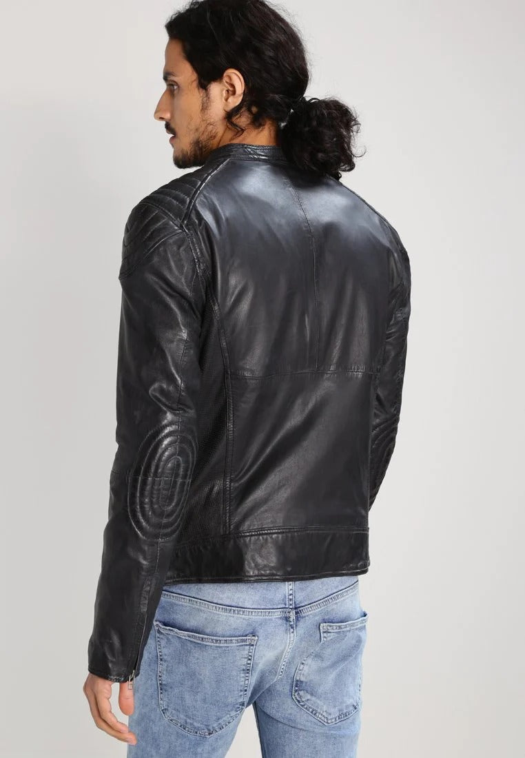 Men's Black Leather Perforated Biker Jacket Back View - Breathable Style