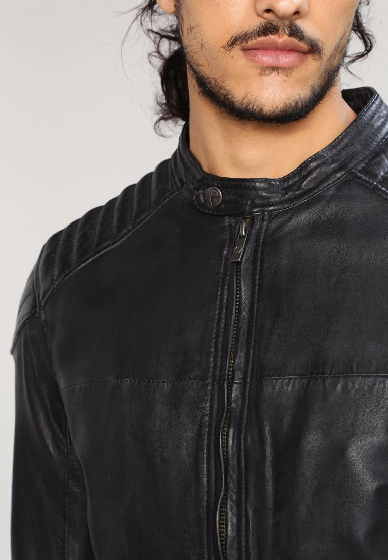 Men's Black Leather Perforated Biker Jacket Closeup View - Breathable Style