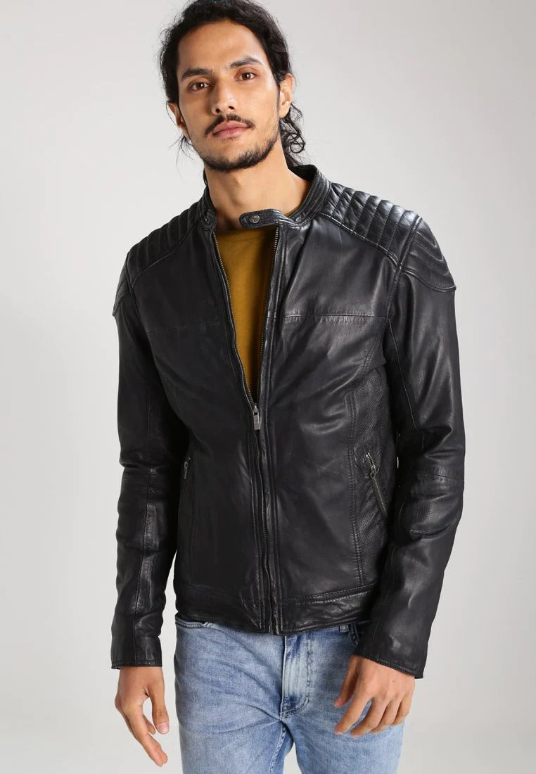 Men's Black Leather Perforated Biker Jacket Full Front View - Breathable Style