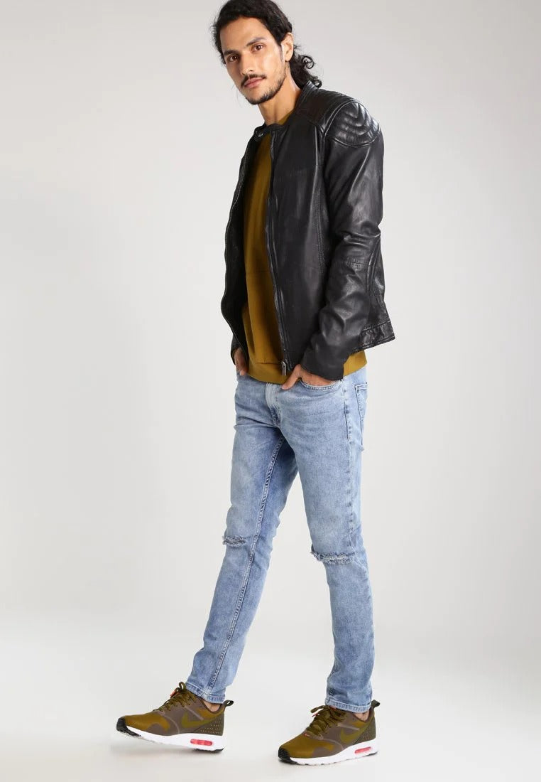 Men's Black Leather Perforated Biker Jacket Side View - Breathable Style