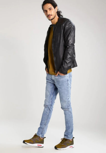Men's Black Leather Perforated Biker Jacket Side View - Breathable Style