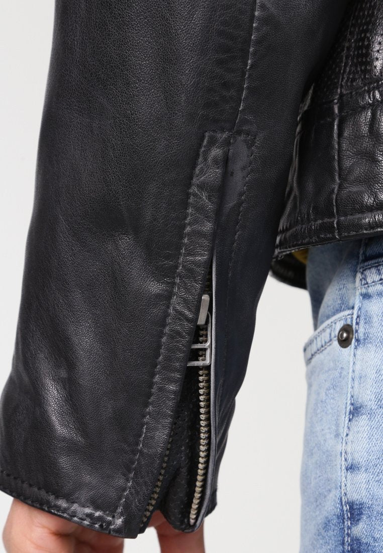 Men's Black Leather Perforated Biker Jacket Zipper Sleeve- Breathable Style