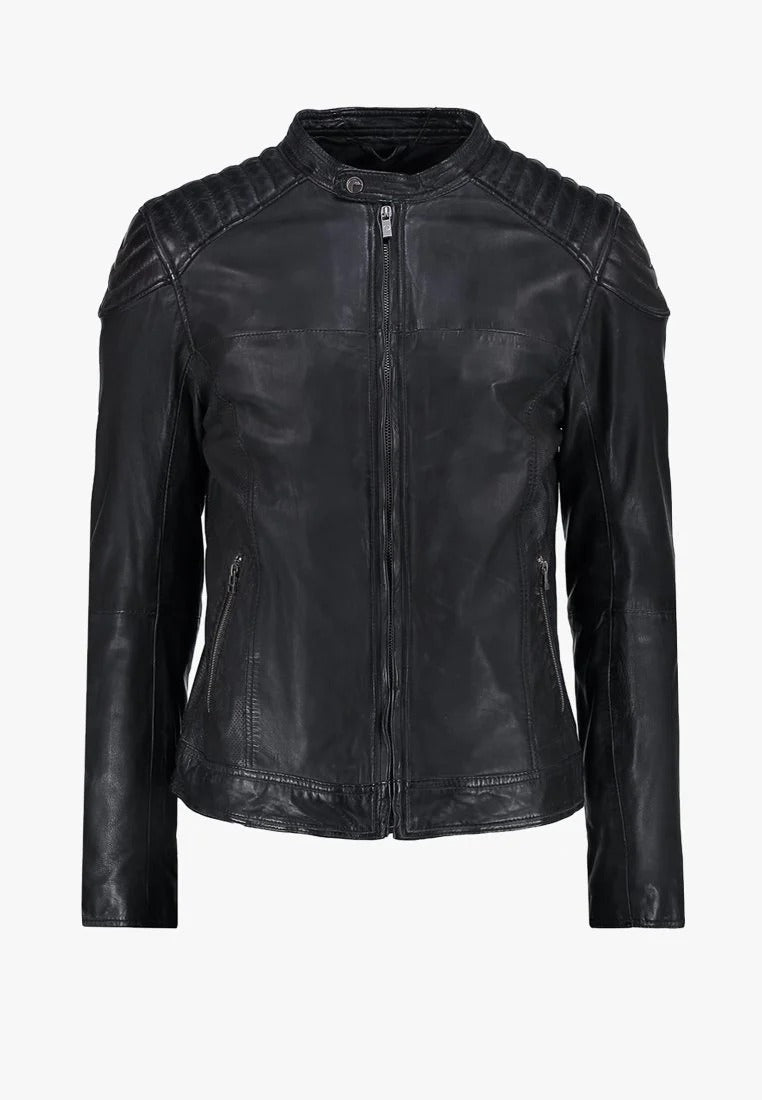 Men's Black Leather Perforated Biker Jacket Front - Breathable Style