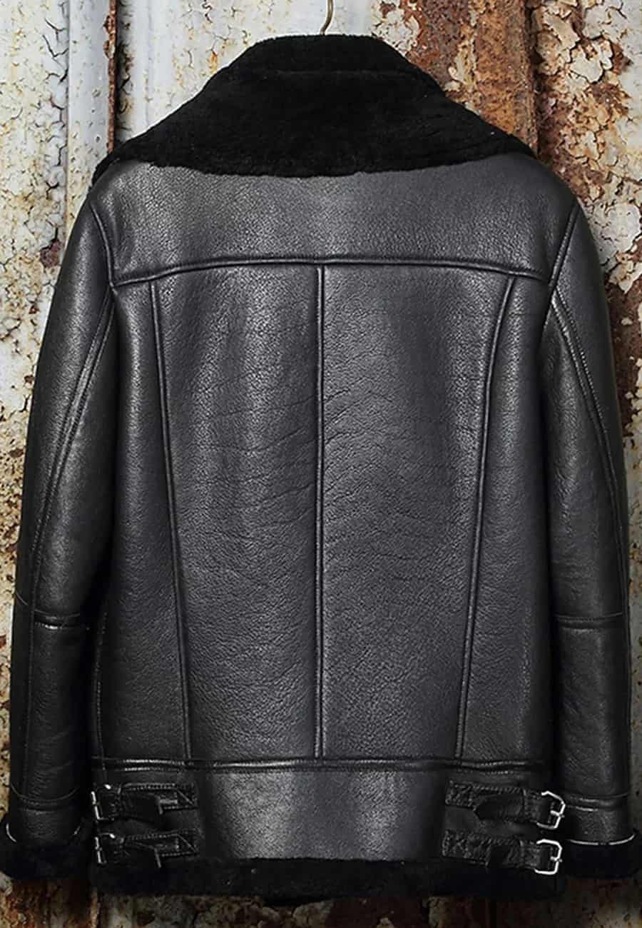 Men's Black Leather Shearling Double Collar Jacket Back View - Refined Warmth