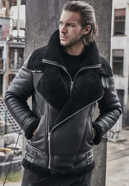 Men's Black Leather Shearling Double Collar Jacket Front View - Refined Warmth
