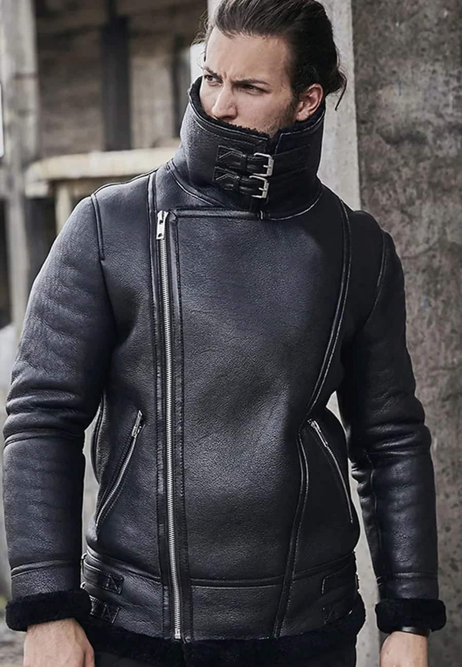 Men's Black Leather Shearling Double Collar Jacket Full Front View - Refined Warmth