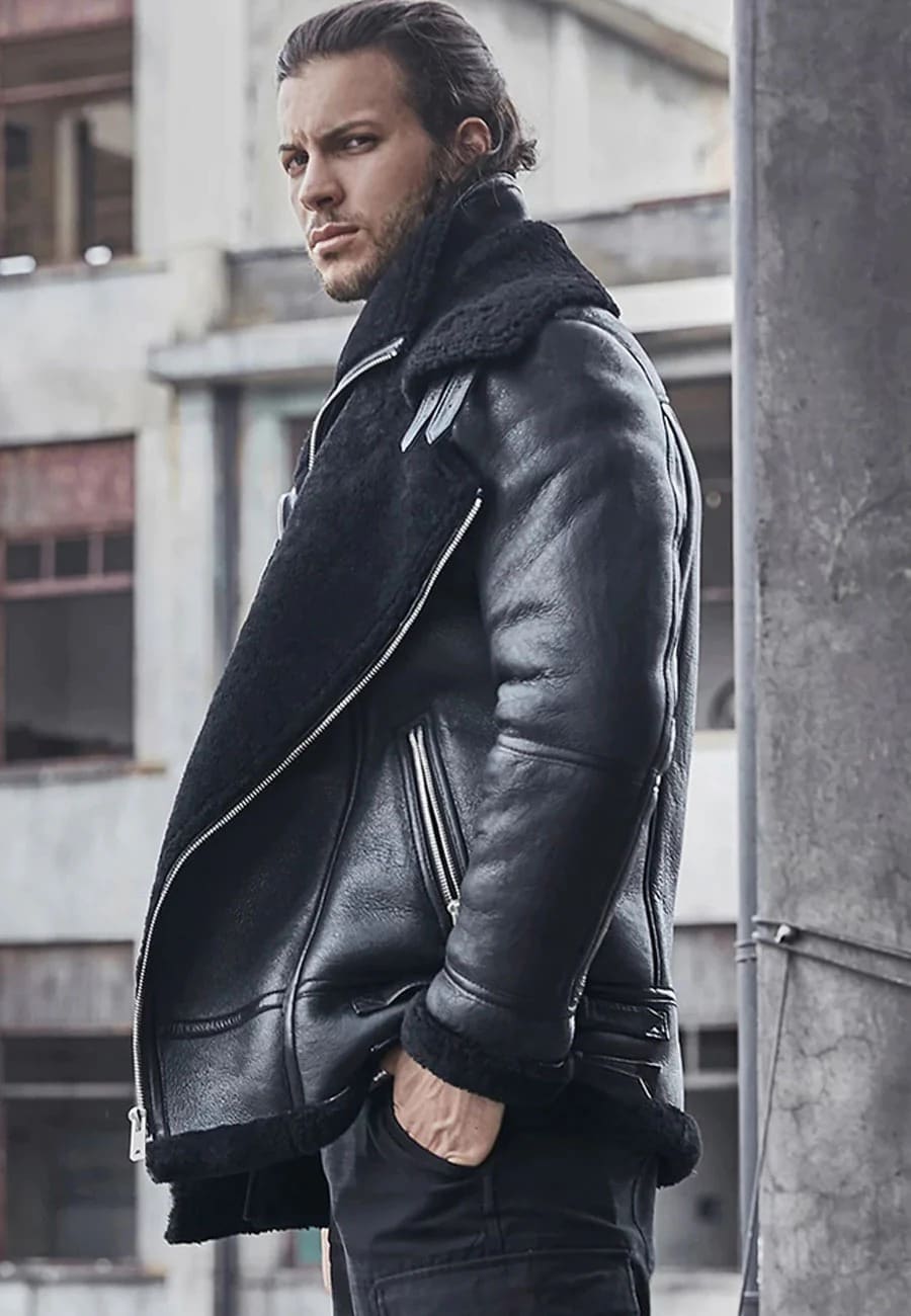 Men's Black Leather Shearling Double Collar Jacket Side View - Refined Warmth