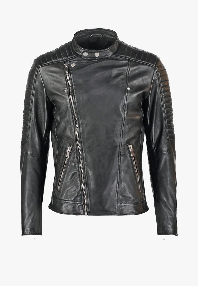 Men's Black Quilted Leather Biker Jacket Front - Sleek & Stylish
