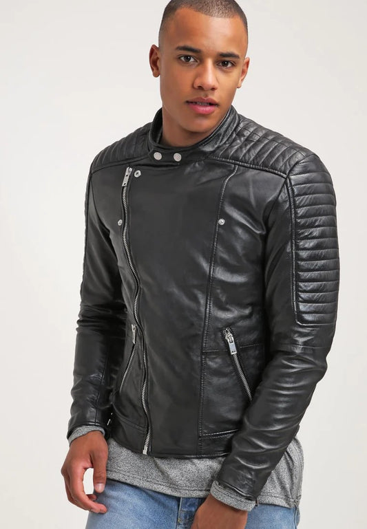 Men's Black Quilted Leather Biker Jacket Front View- Sleek & Stylish