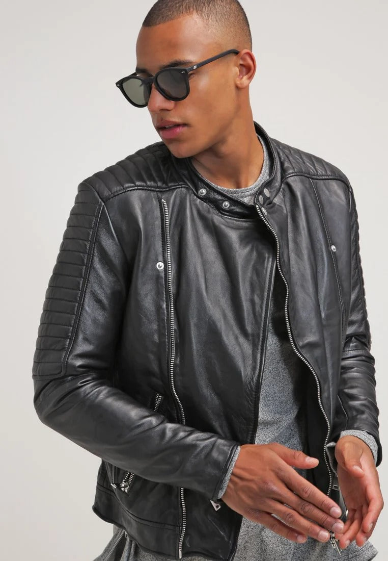 Men's Black Quilted Leather Biker Jacket Side View - Sleek & Stylish