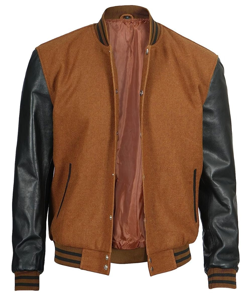 Men's Wool Brown Varsity Jacket with Black Leather Sleeves - Classic Style