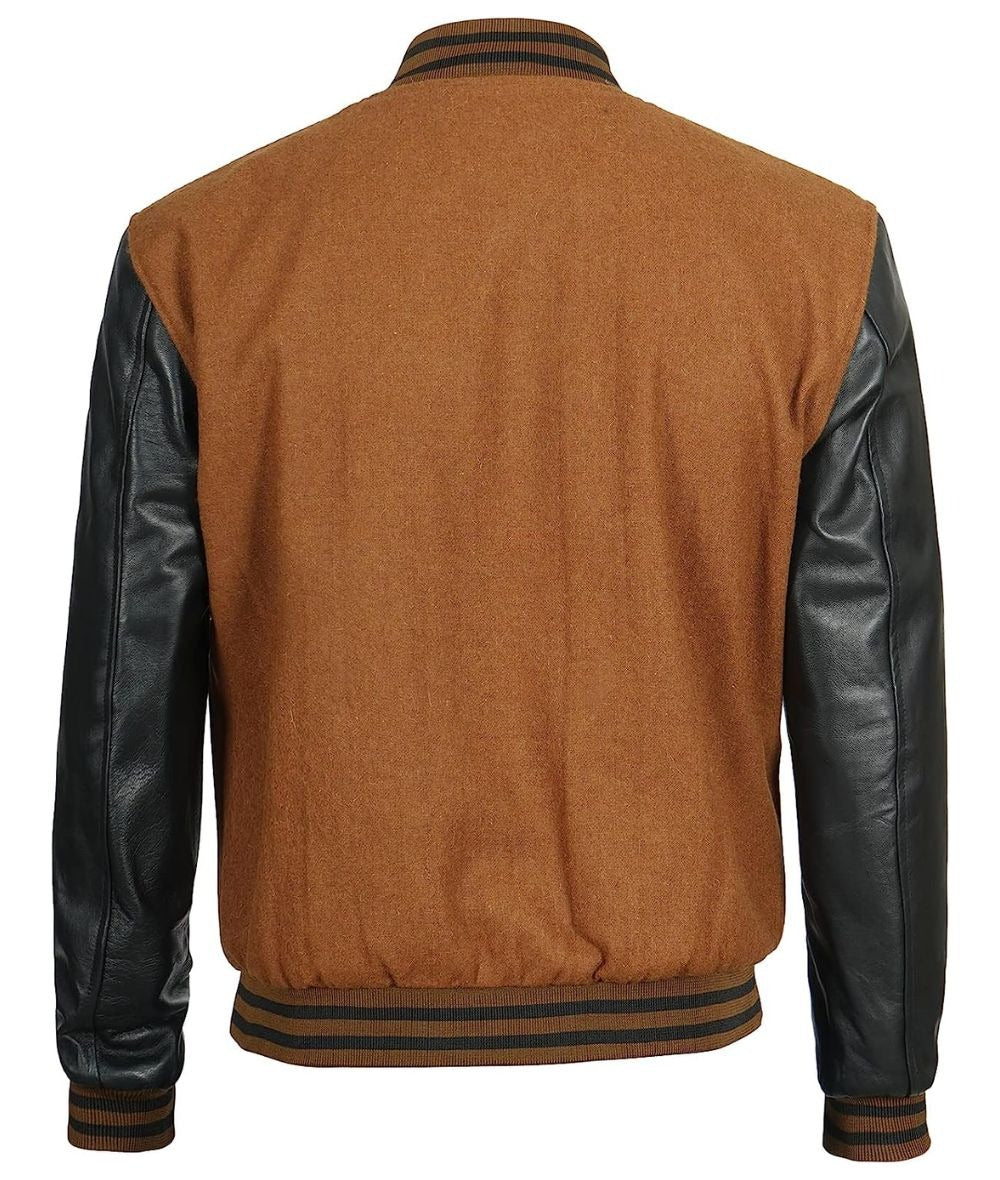 Men's Wool Brown Varsity Jacket with Black Leather Sleeves - Classic Style