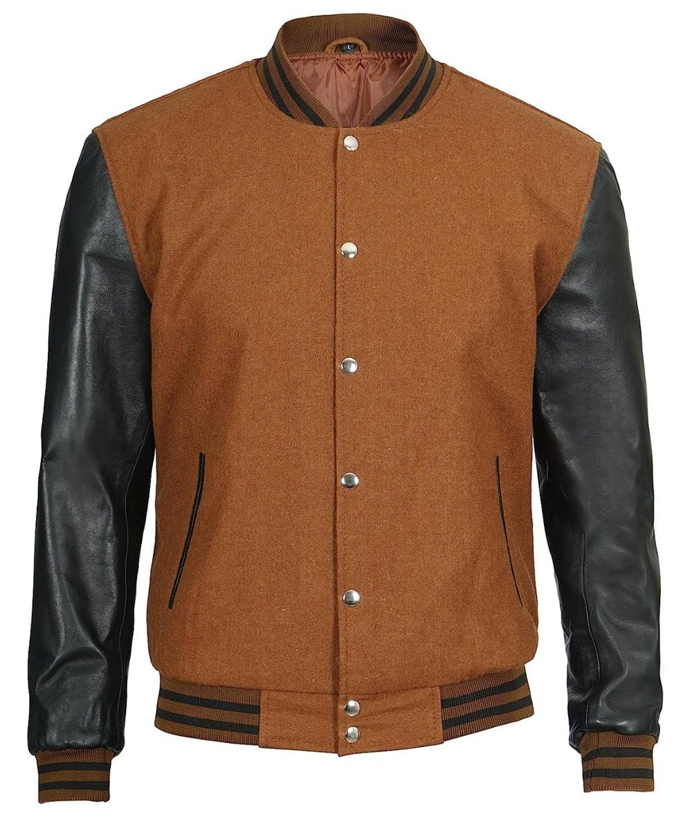 Men's Wool Brown Varsity Jacket with Black Leather Sleeves - Classic Style