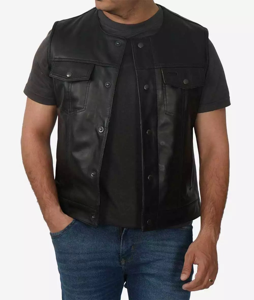 Bernard Men's Premium Leather Black Motorcycle Vest - Rugged Style