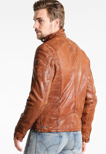 Men's Camel Brown Leather Biker Jacket Back View - Timeless Style