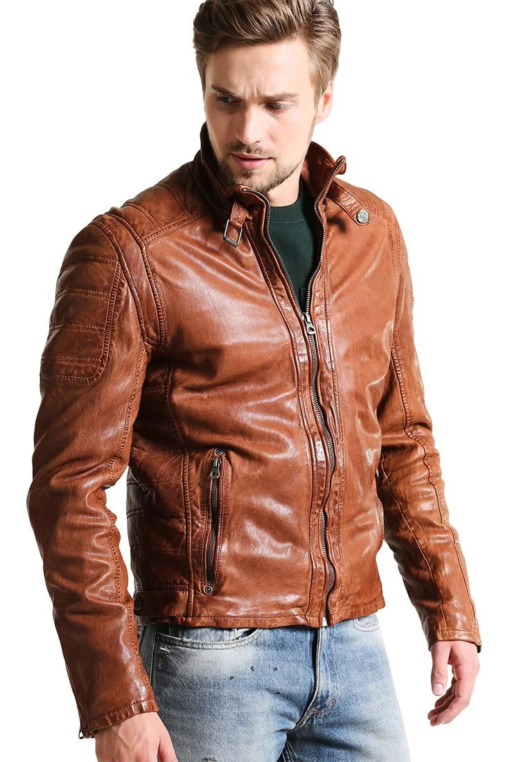 Men's Camel Brown Leather Biker Jacket Front View - Timeless Style