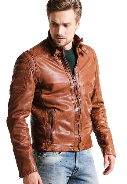 Men's Camel Brown Leather Biker Jacket Front View - Timeless Style