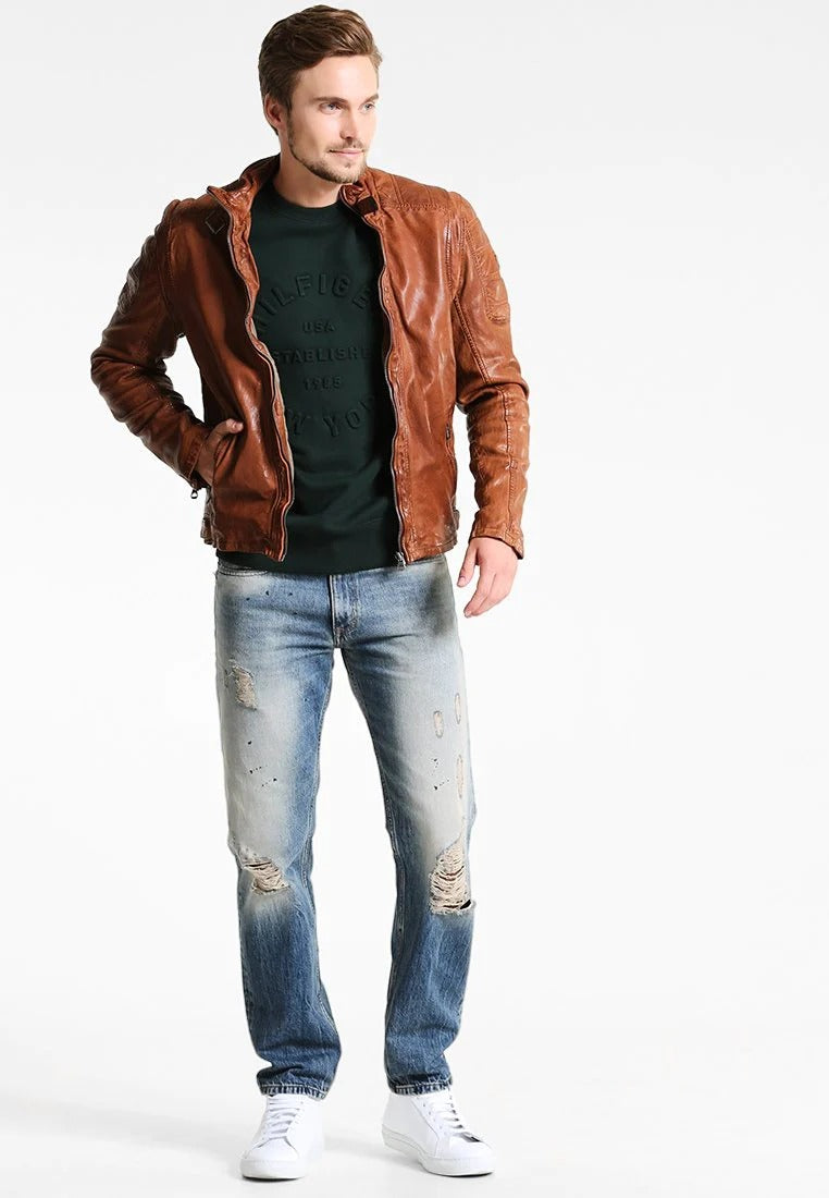 Men's Camel Brown Leather Biker Jacket Full Front View - Timeless Style