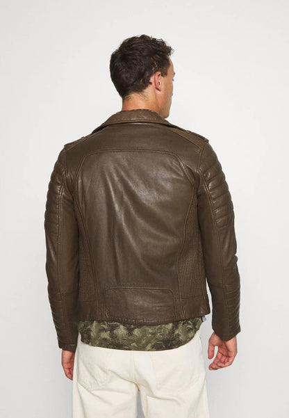 Men's Chocolate Brown Leather Biker Jacket Back View- Timeless Style
