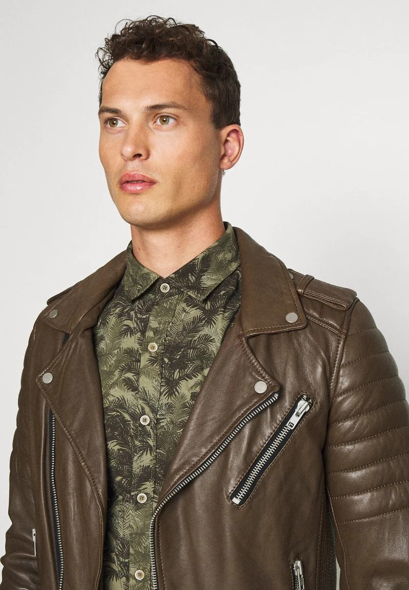 Men's Chocolate Brown Leather Biker Jacket Closeup View - Timeless Style
