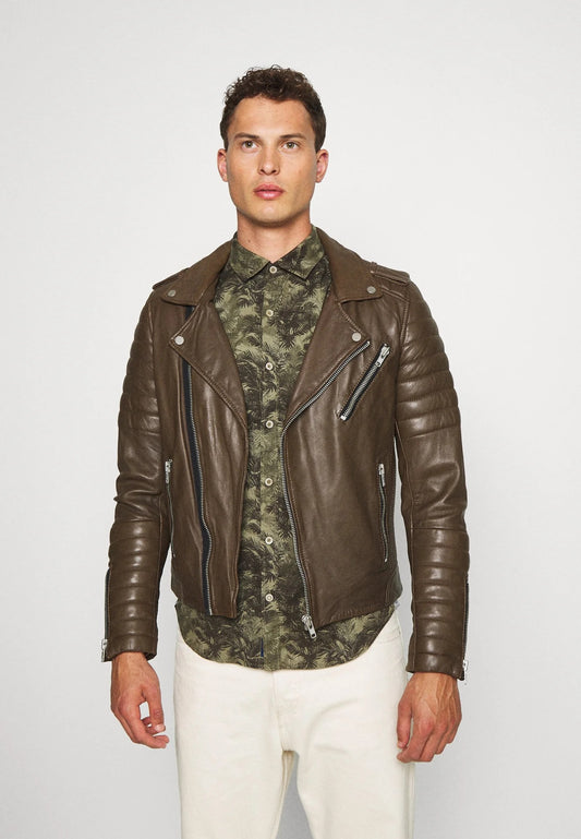 Men's Chocolate Brown Leather Biker Jacket Front View - Timeless Style