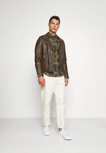 Men's Chocolate Brown Leather Biker Jacket full Front View- Timeless Style