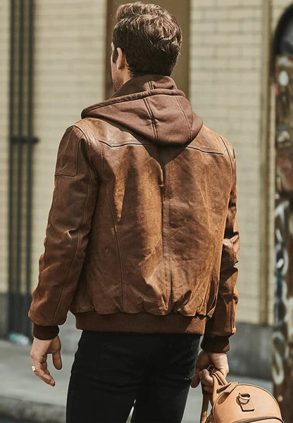 Men's Crunch Brown Leather Bomber Jacket with Removable Hood Back View - Versatile Style