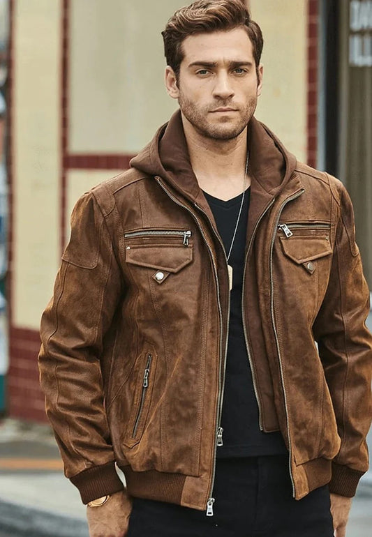 Men's Crunch Brown Leather Bomber Jacket with Removable Hood Front View - Versatile Style