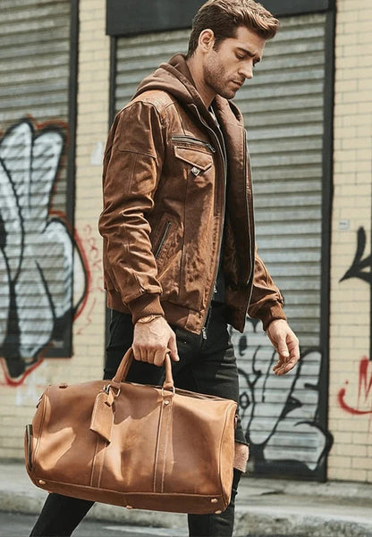 Men's Crunch Brown Leather Bomber Jacket with Removable Hood Right Side View- Versatile Style
