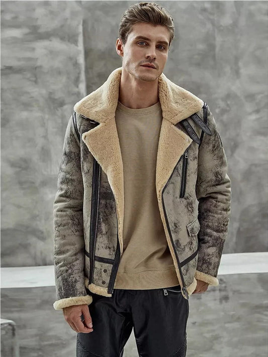 Men's Fur B3 Flight Aviator Biker Shearling Bomber Jacket Front View - Premium 2023