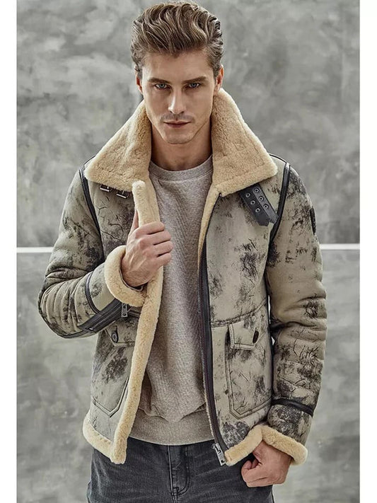 Men's Fur B3 Flight Aviator Shearling Bomber Jacket Front View - Premium 2023