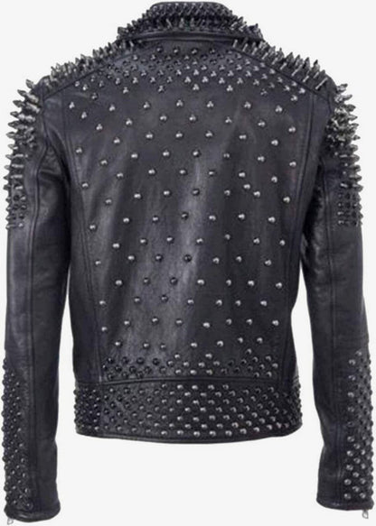 Men's Handmade Black Leather Biker Punk Jacket Back View - Unique Rebel Style