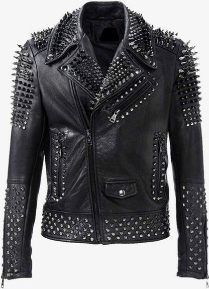Men's Handmade Black Leather Biker Punk Jacket Front View - Unique Rebel Style