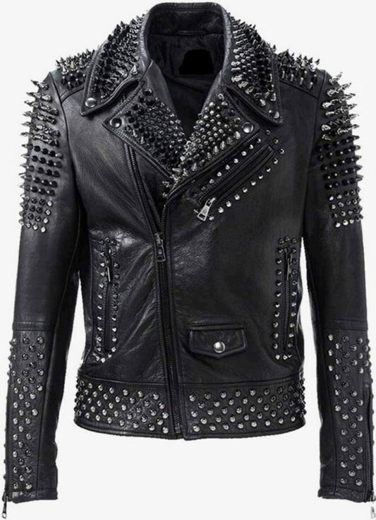 Men's Handmade Black Leather Biker Punk Jacket Front View - Unique Rebel Style