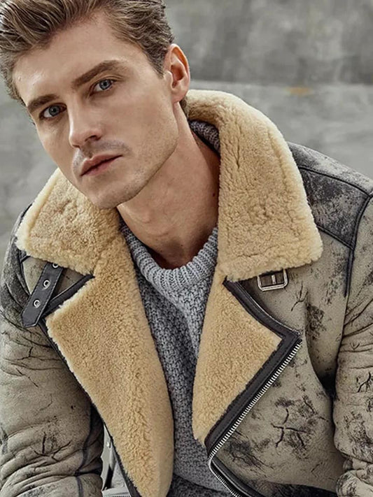Men's New B3 Flight Aviator Biker Bomber Premium Shearling Coat Jacket 2022 Closeup View