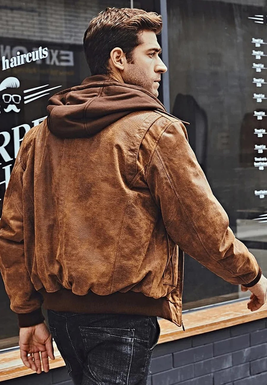 Men's Tan Brown Distressed Leather Bomber Jacket with Removable Hood Back View - Rugged Elegance