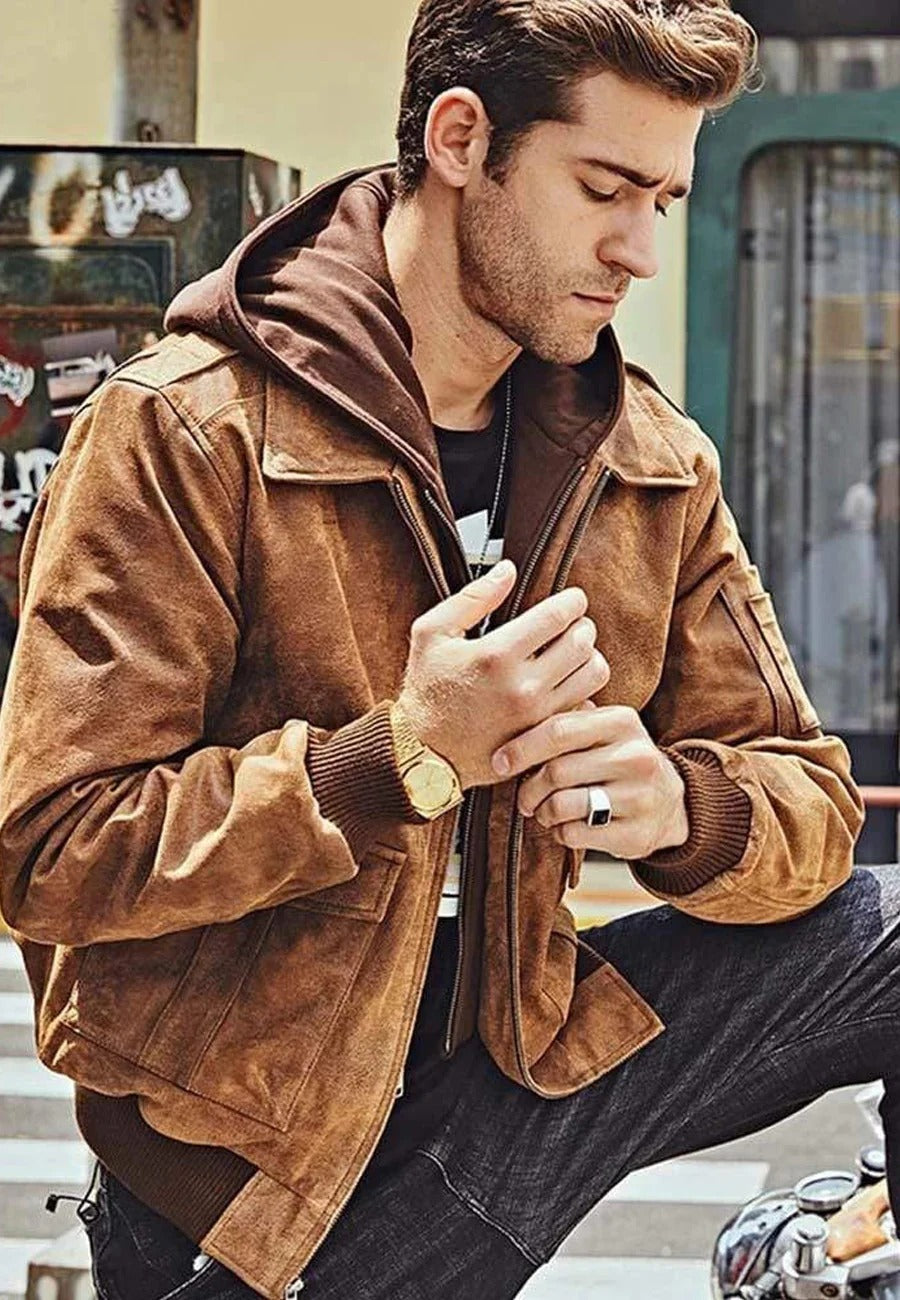 Men's Tan Brown Distressed Leather Bomber Jacket with Removable Hood Front - Rugged Elegance