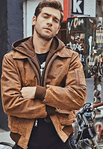 Men's Tan Brown Distressed Leather Bomber Jacket with Removable Hood Front View - Rugged Elegance