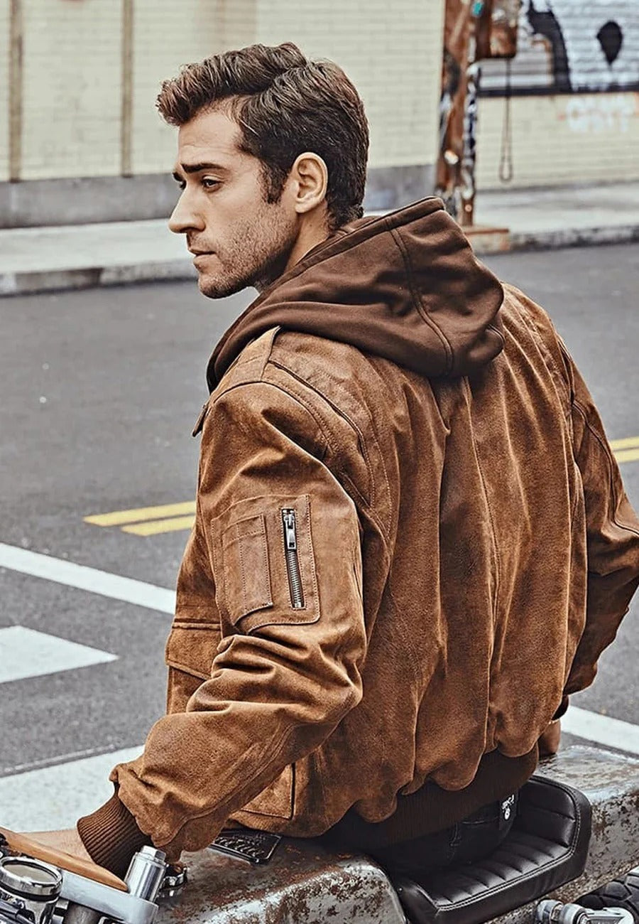 Men's Tan Brown Distressed Leather Bomber Jacket with Removable Hood Left Side View - Rugged Elegance