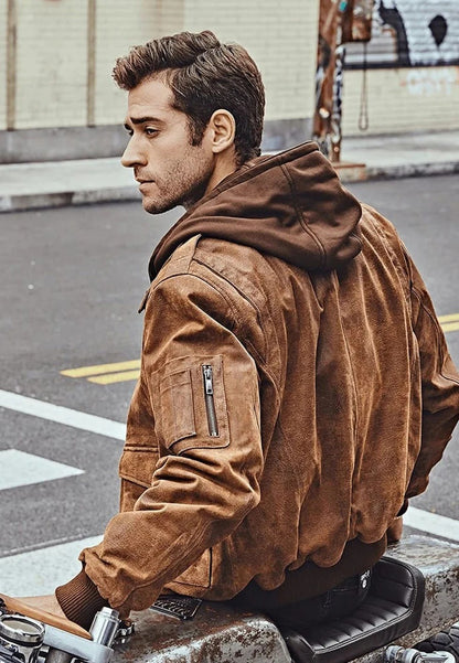 Men's Tan Brown Distressed Leather Bomber Jacket with Removable Hood Left Side View - Rugged Elegance